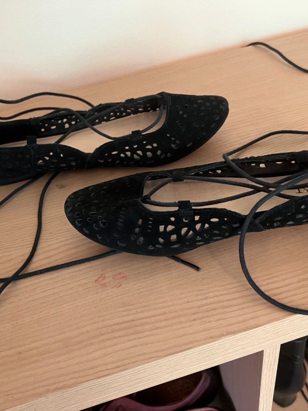 Black Suede Lacy Cut-out Flats, Lace-Up, Nine West Sz. 6.5